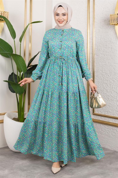 Efsun Çiçek Desenli Elbise TURKUAZ - Thumbnail
