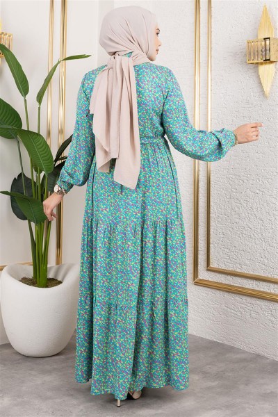 Efsun Çiçek Desenli Elbise TURKUAZ - Thumbnail