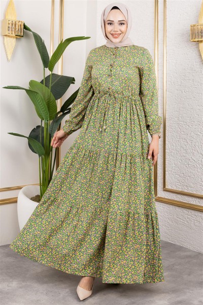 Efsun Çiçek Desenli Elbise YEŞİL - Thumbnail