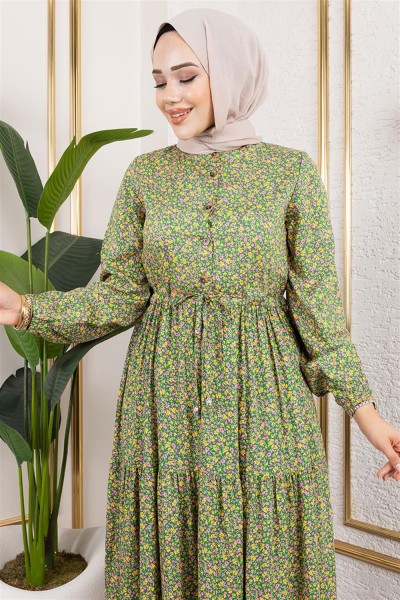 Efsun Çiçek Desenli Elbise YEŞİL - Thumbnail