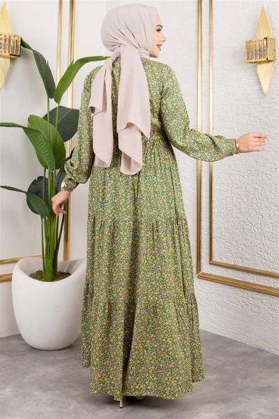 Efsun Çiçek Desenli Elbise YEŞİL - Thumbnail