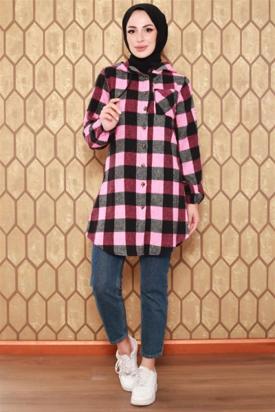 Ekose Desenli Tesettür Kap PEMBE - Thumbnail