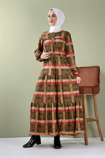 Moda Pinhan - Ekose Kadife Elbise Yeşil