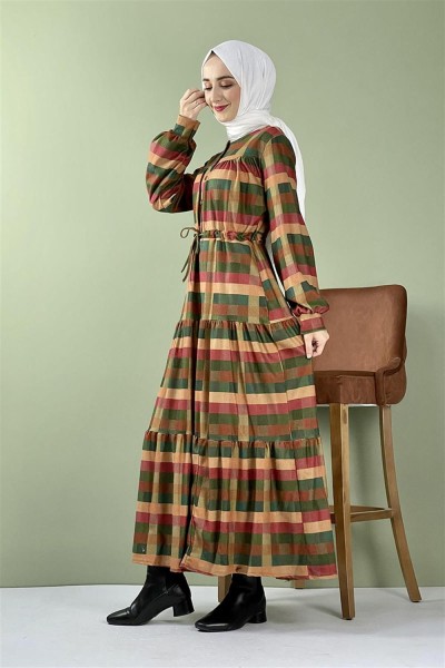 Ekose Kadife Elbise Yeşil - Thumbnail