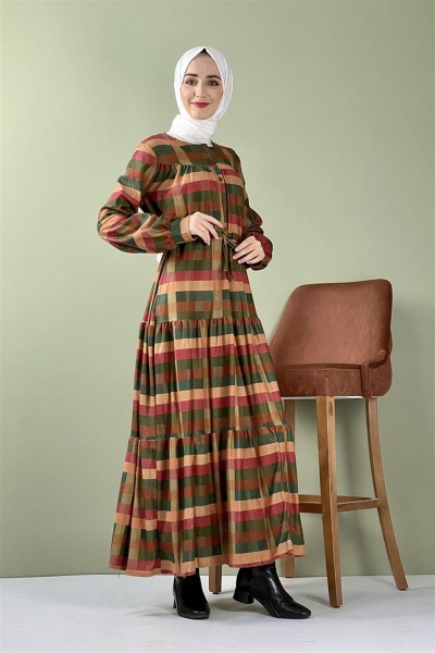 Ekose Kadife Elbise Yeşil - Thumbnail