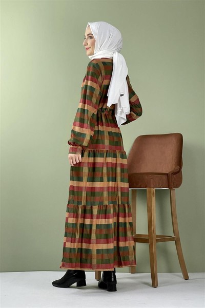 Ekose Kadife Elbise Yeşil - Thumbnail