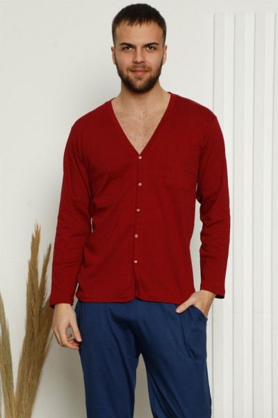 Moda Çizgi - Moda Çizgi Erkek %100 Pamuk Önden Düğmeli Cepli Uzun Kollu Pijama Takımı 6767