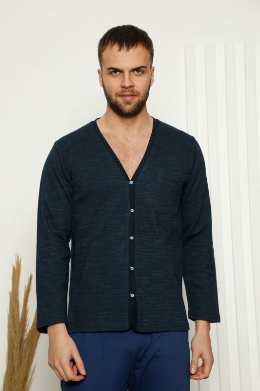 Moda Çizgi Erkek %100 Pamuk Önden Düğmeli Cepli Uzun Kollu Pijama Takımı 6768 - 1