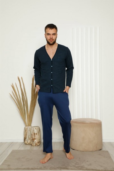 Moda Çizgi Erkek %100 Pamuk Önden Düğmeli Cepli Uzun Kollu Pijama Takımı 6768 - Thumbnail
