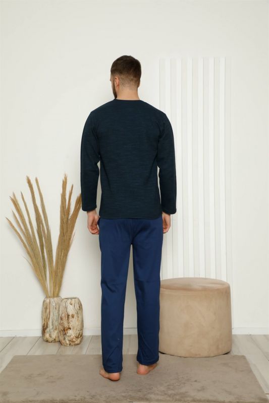 Moda Çizgi Erkek %100 Pamuk Önden Düğmeli Cepli Uzun Kollu Pijama Takımı 6768 - 3