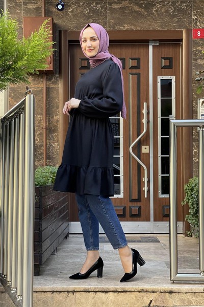 Eteği Büzgülü Tunik SİYAH - Thumbnail