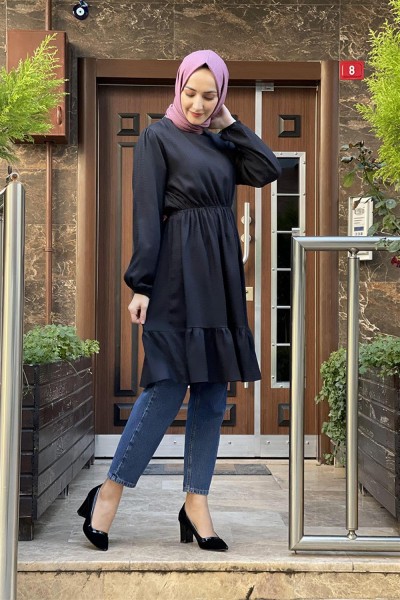 Eteği Büzgülü Tunik SİYAH - Thumbnail