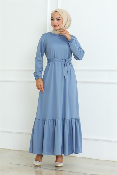 MP - Eteği Fırfırlı Tesettür Elbise BEBE MAVİSİ