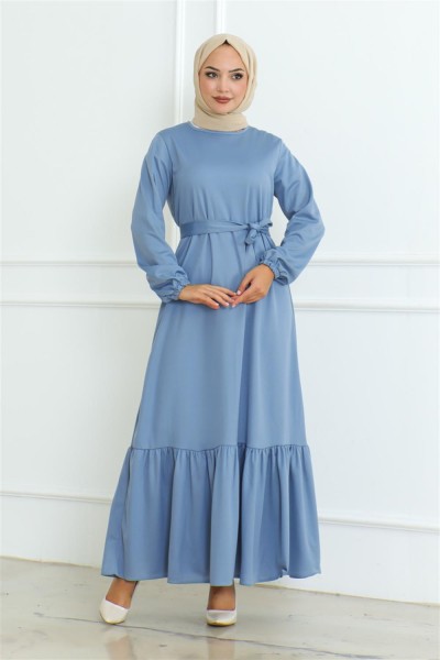 Eteği Fırfırlı Tesettür Elbise BEBE MAVİSİ - Thumbnail