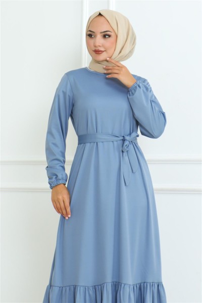 Eteği Fırfırlı Tesettür Elbise BEBE MAVİSİ - Thumbnail