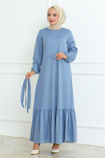 Eteği Fırfırlı Tesettür Elbise BEBE MAVİSİ - Thumbnail