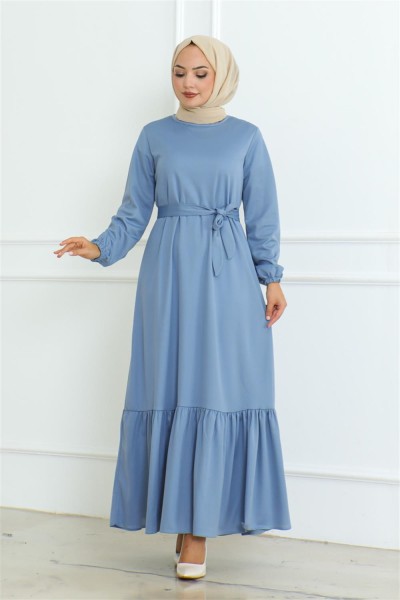 Eteği Fırfırlı Tesettür Elbise BEBE MAVİSİ - Thumbnail