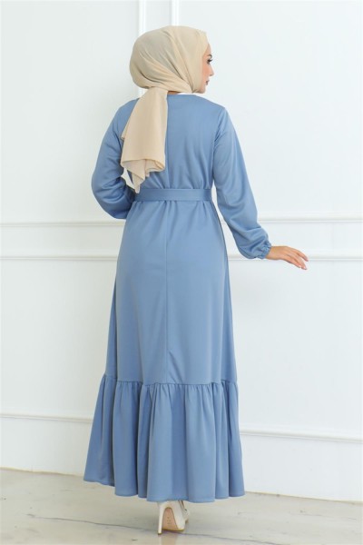 Eteği Fırfırlı Tesettür Elbise BEBE MAVİSİ - Thumbnail