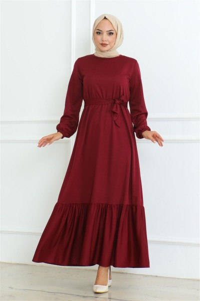 MP - Eteği Fırfırlı Tesettür Elbise BORDO