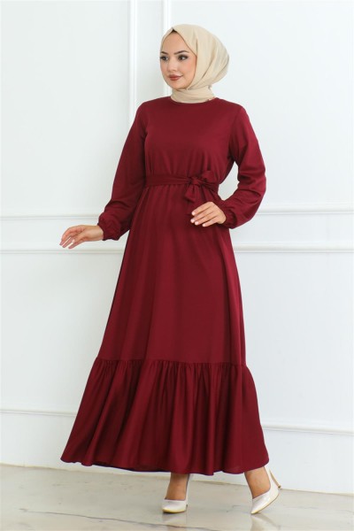 Eteği Fırfırlı Tesettür Elbise BORDO - Thumbnail
