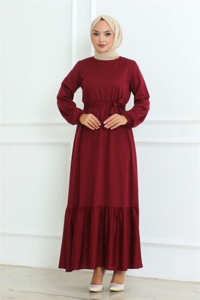 Eteği Fırfırlı Tesettür Elbise BORDO - Thumbnail