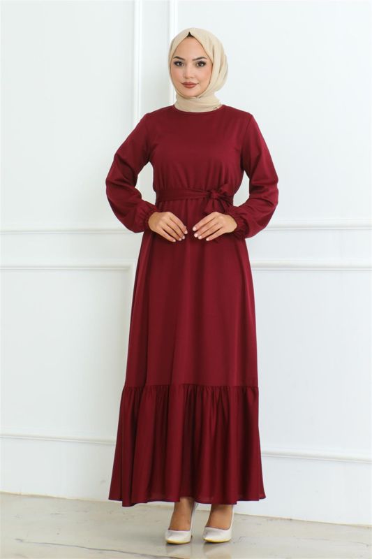 Eteği Fırfırlı Tesettür Elbise BORDO - 3