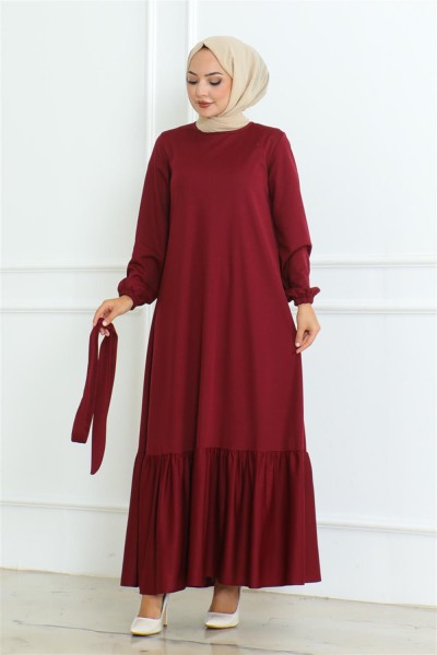 Eteği Fırfırlı Tesettür Elbise BORDO - Thumbnail