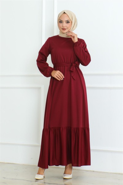 Eteği Fırfırlı Tesettür Elbise BORDO - Thumbnail