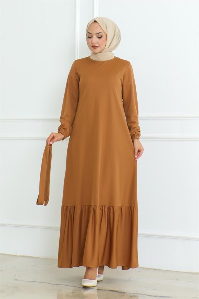 MP - Eteği Fırfırlı Tesettür Elbise CAMEL
