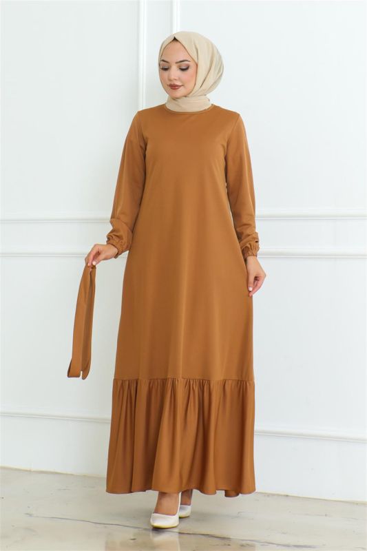 Eteği Fırfırlı Tesettür Elbise CAMEL - 1