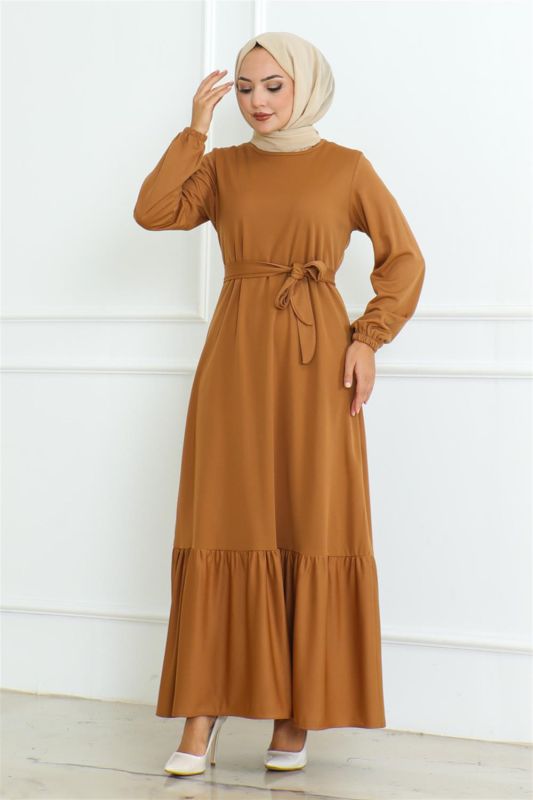Eteği Fırfırlı Tesettür Elbise CAMEL - 2