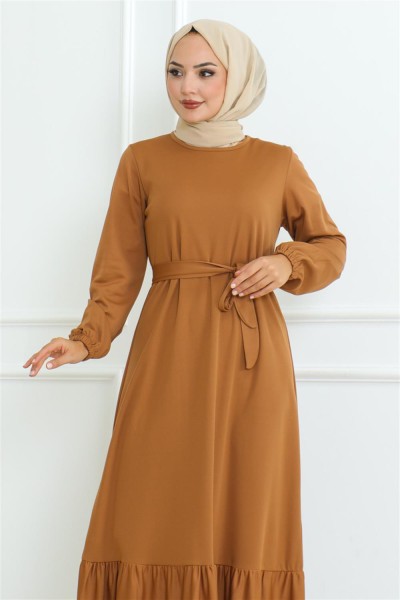 Eteği Fırfırlı Tesettür Elbise CAMEL - Thumbnail