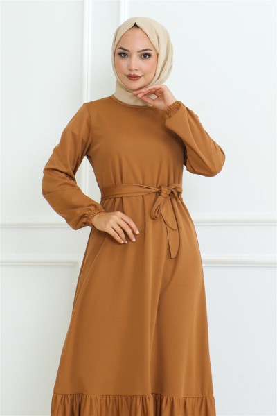 Eteği Fırfırlı Tesettür Elbise CAMEL - Thumbnail