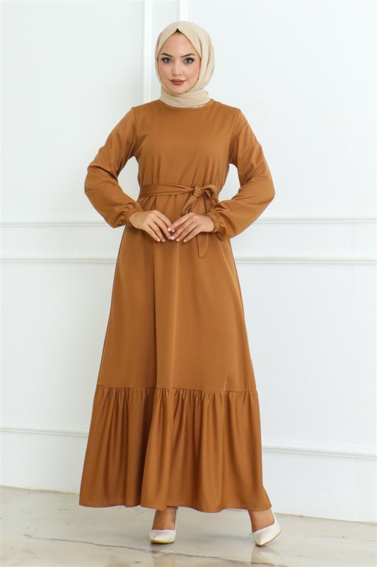 Eteği Fırfırlı Tesettür Elbise CAMEL - 5