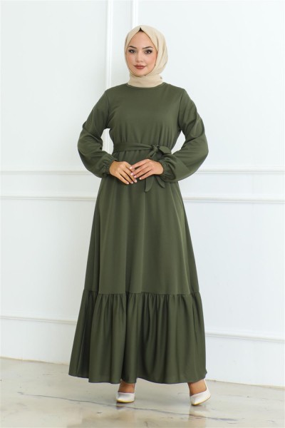 MP - Eteği Fırfırlı Tesettür Elbise HAKİ