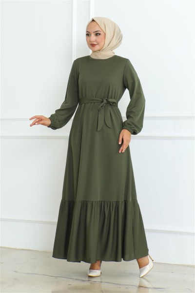 Eteği Fırfırlı Tesettür Elbise HAKİ - Thumbnail