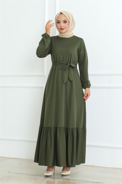 Eteği Fırfırlı Tesettür Elbise HAKİ - Thumbnail