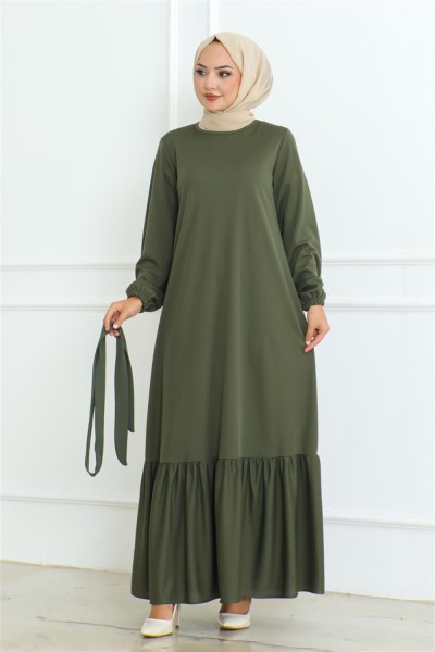 Eteği Fırfırlı Tesettür Elbise HAKİ - Thumbnail