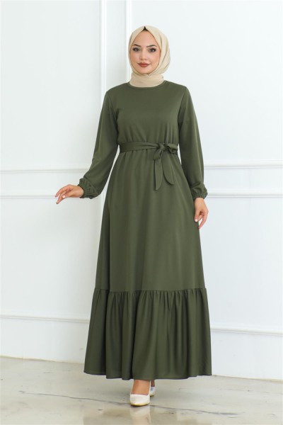 Eteği Fırfırlı Tesettür Elbise HAKİ - Thumbnail