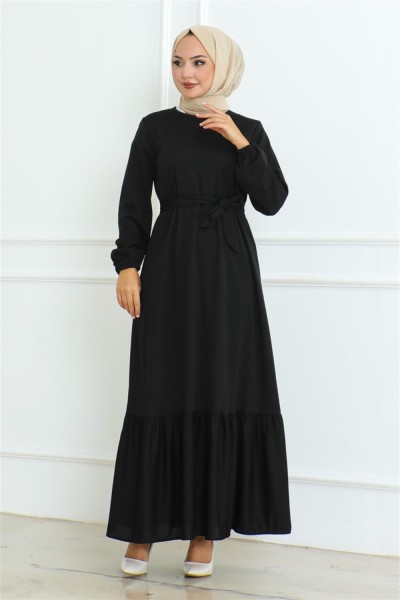 Eteği Fırfırlı Tesettür Elbise SİYAH - Thumbnail