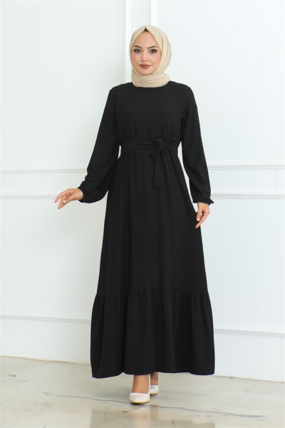 Eteği Fırfırlı Tesettür Elbise SİYAH - Thumbnail