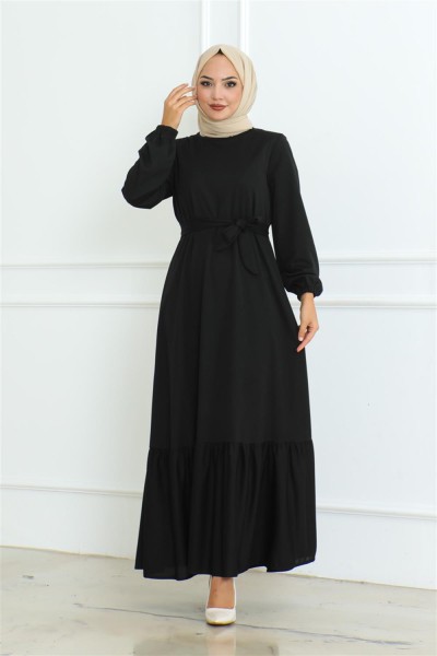 Eteği Fırfırlı Tesettür Elbise SİYAH - Thumbnail