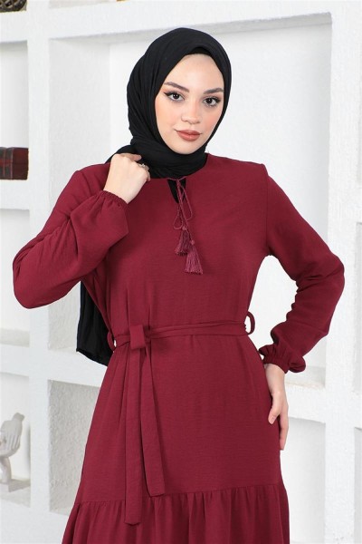 Eteği Katlı Aerobin Elbise BORDO - Thumbnail