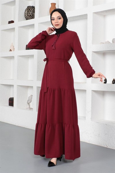 Eteği Katlı Aerobin Elbise BORDO - Thumbnail