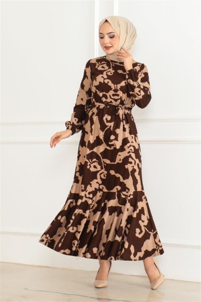 Eteği Volanlı Desenli Elbise KAHVE VİZON - Thumbnail