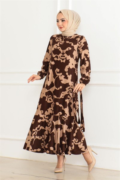 Eteği Volanlı Desenli Elbise KAHVE VİZON - Thumbnail