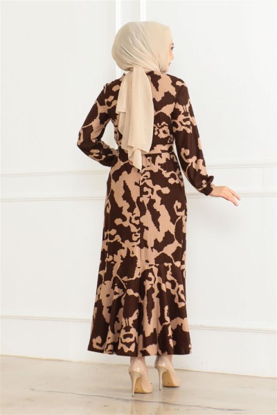 Eteği Volanlı Desenli Elbise KAHVE VİZON - Thumbnail