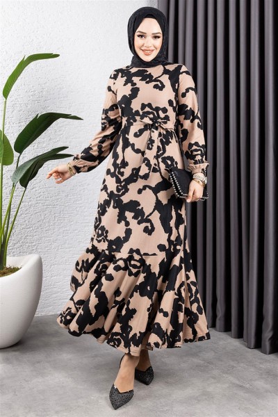 DVL - Eteği Volanlı Desenli Elbise VİZON SİYAH