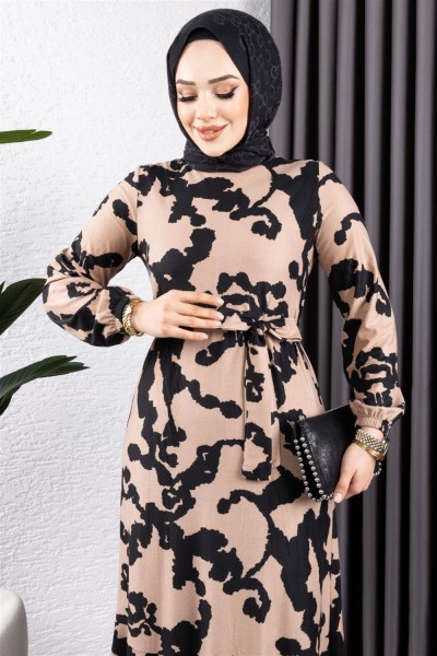 Eteği Volanlı Desenli Elbise VİZON SİYAH - Thumbnail