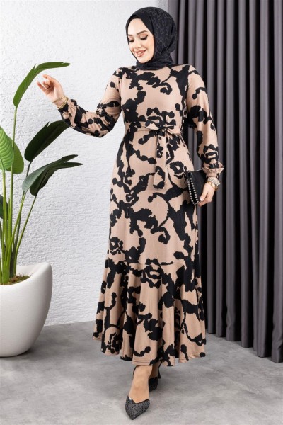 Eteği Volanlı Desenli Elbise VİZON SİYAH - Thumbnail